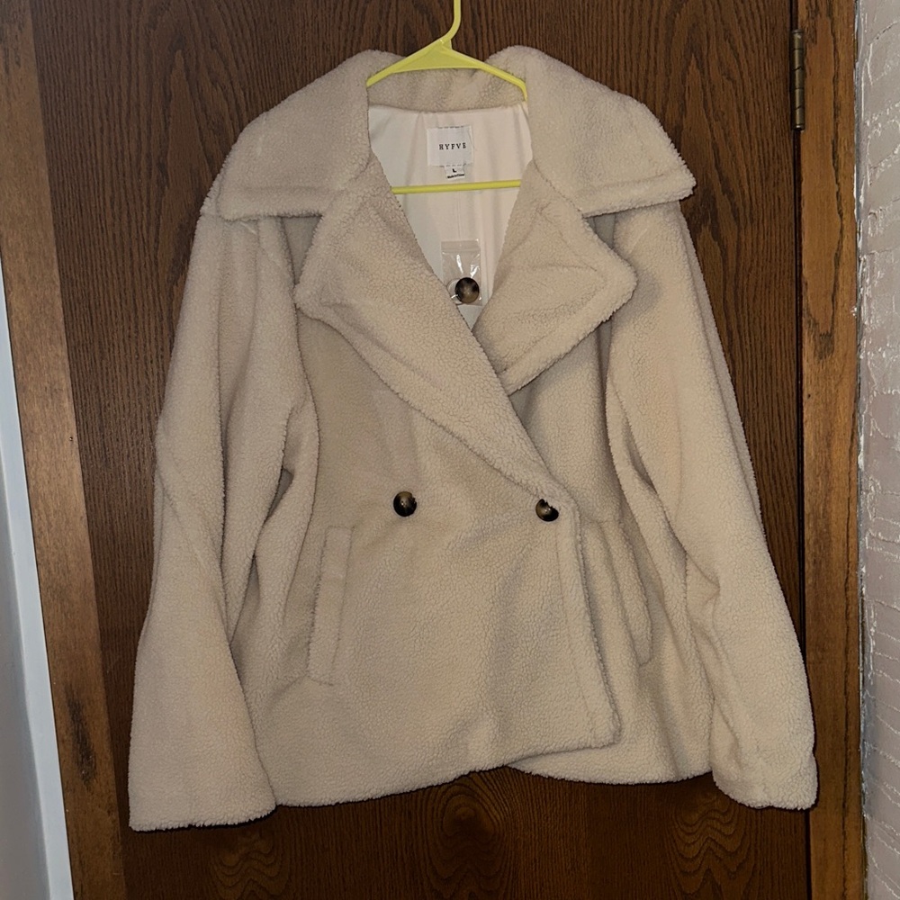 HYFVE Cream Teddy Jacket with Double-Breasted Design